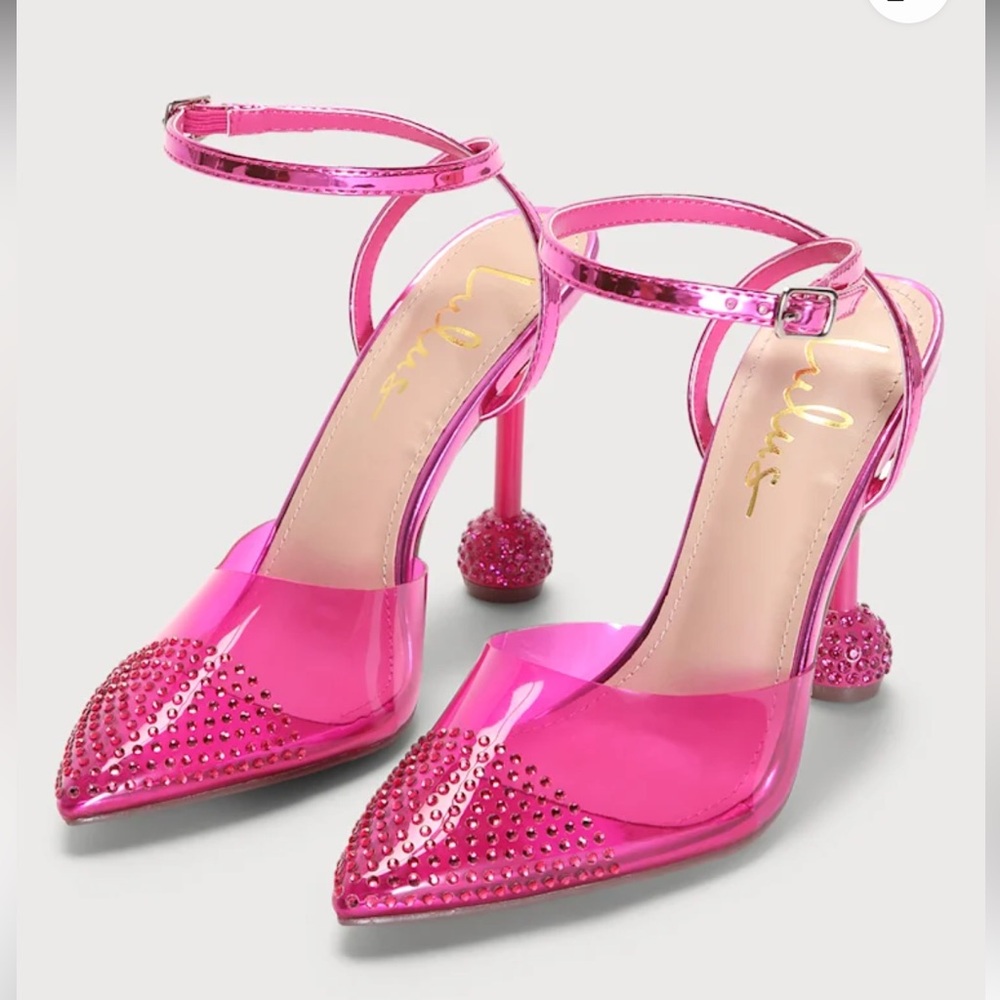Nikkie Pink Vinyl Rhinestone Pointed-Toe Ankle Strap Pumps